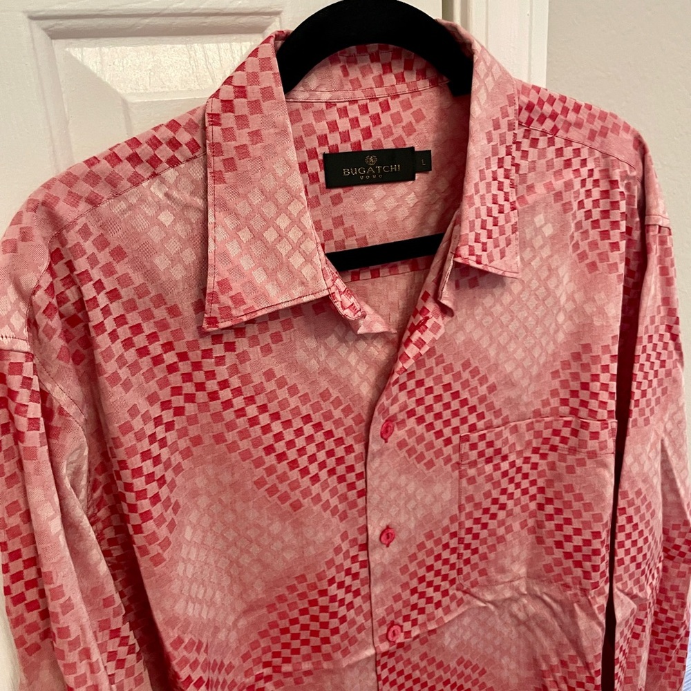 Bugatchi Uomo Men’s Long Sleeve Shirt - Red Geometric Pattern, Size L